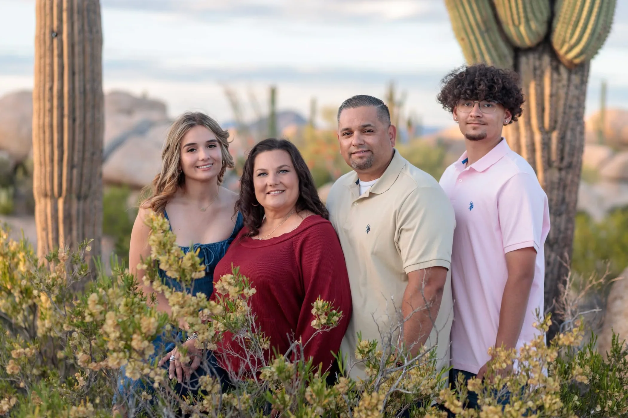 Family of four photographed at sunset among saguaros and desert brush near Florence, Arizona, by Casa de Baca Studios Family of four photographed at sunset among saguaros and desert brush near Florence, Arizona, by Casa de Baca Studios