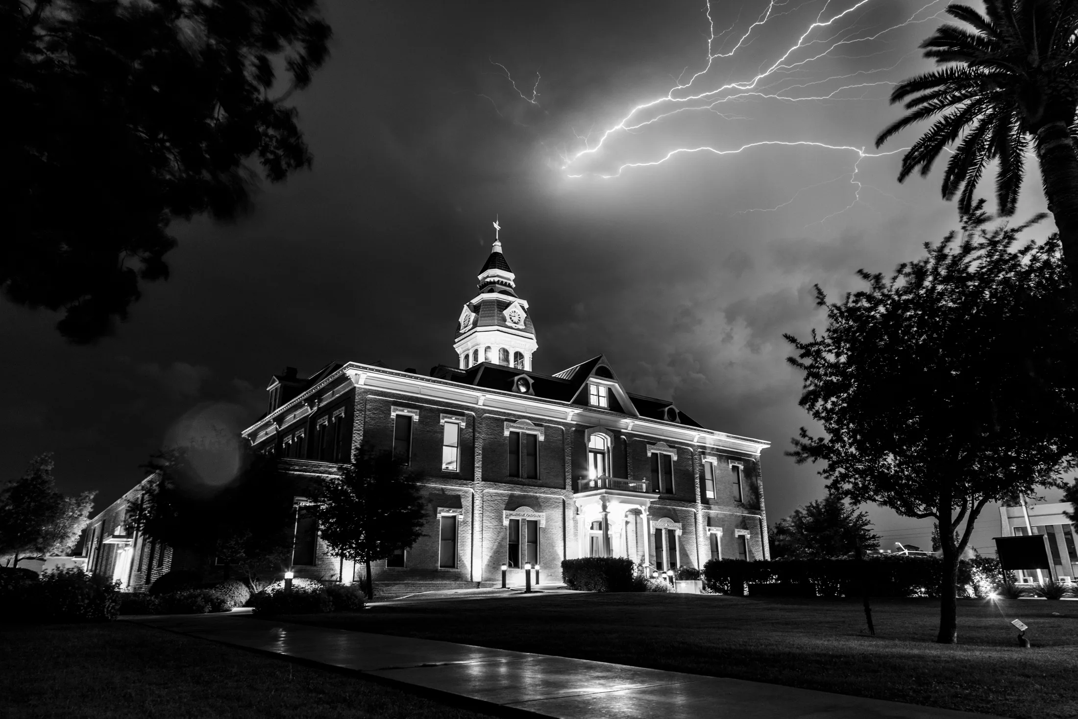 MST (12) B&W Pinal County Courthouse Florence AZ B&W Pinal County Courthouse Florence AZ, lightning, a fine art photograph by Michael Joseph Baca