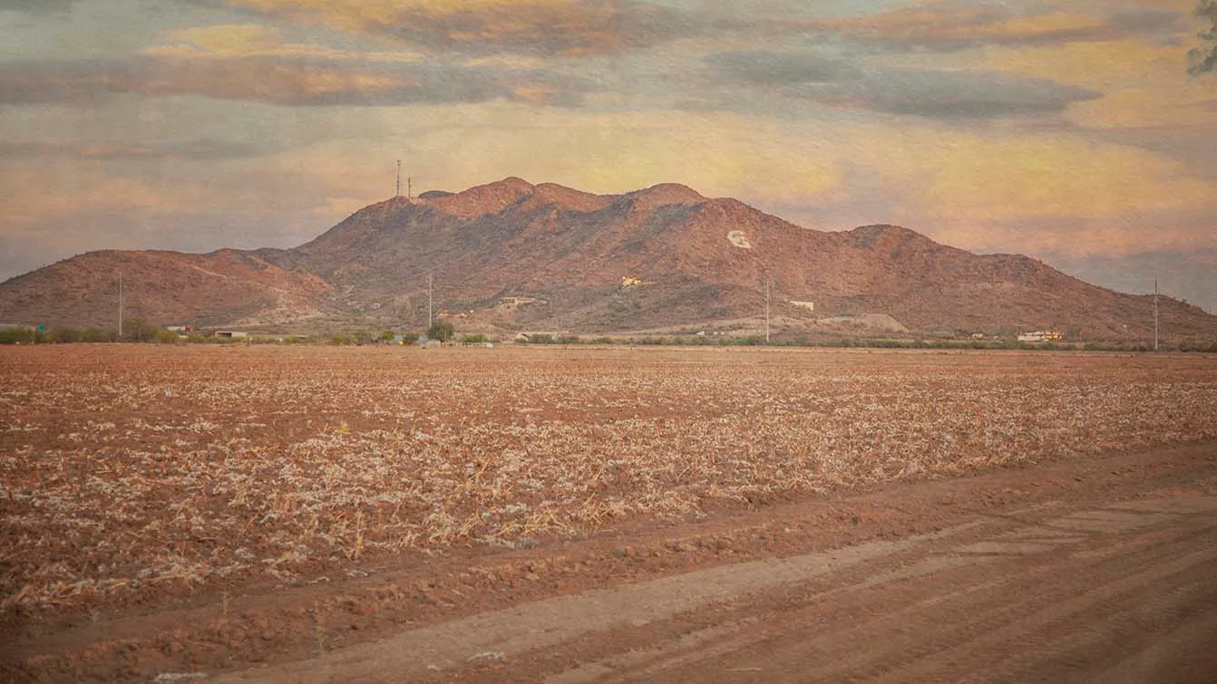 JS014 Casa Grande Mountain Vintage Sunset Casa Grande Mountain Vintage Sunset, a fine art photograph by Janell Evelyn Baca, Casa de Baca Studios, Florence, Arizona