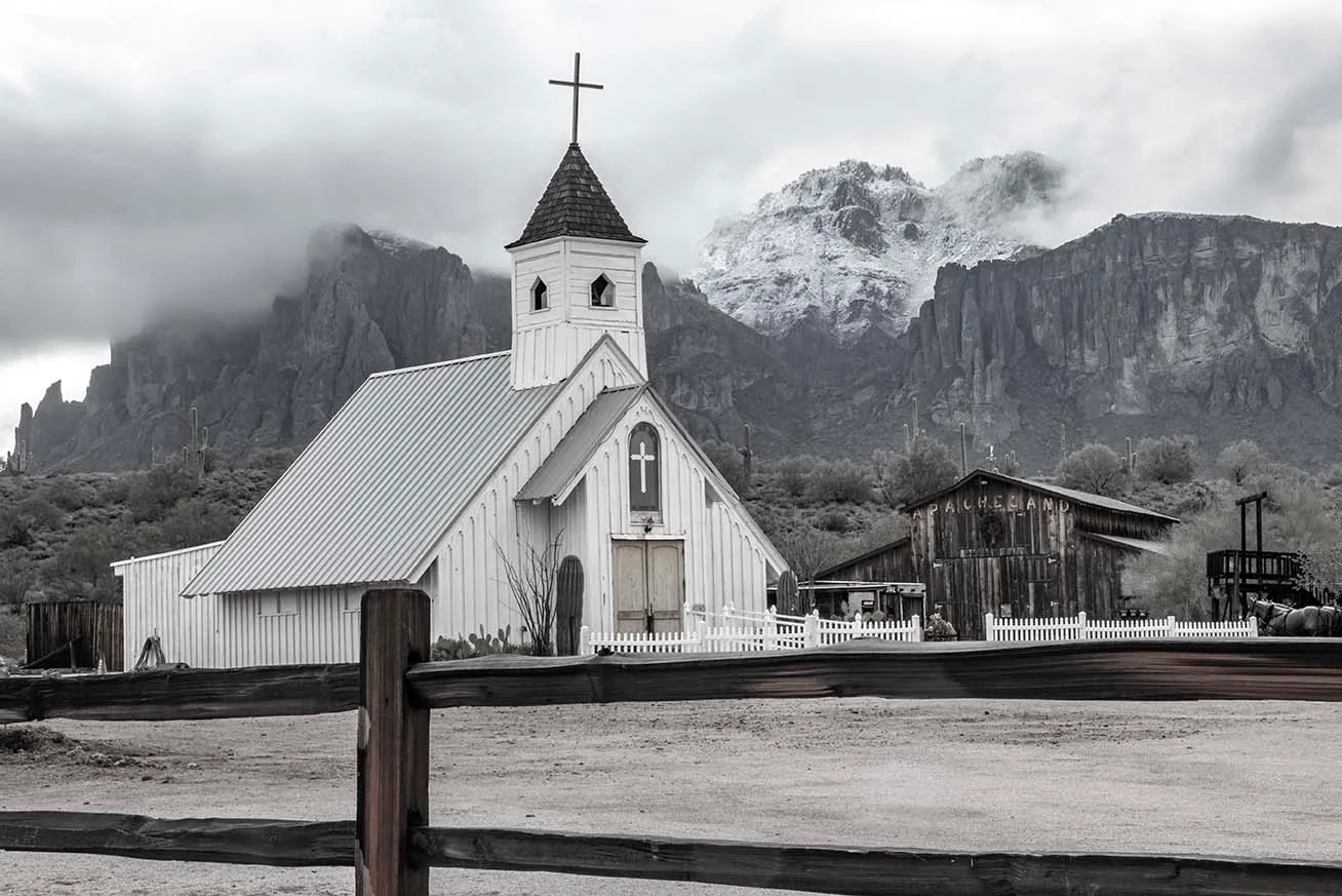 JN005 Cloudy Snowy Elvis Chapel at the Superstition Mountains Cloudy Snowy Elvis Chapel at the Superstition Mountains, a fine art photograph by Janell Evelyn Baca
