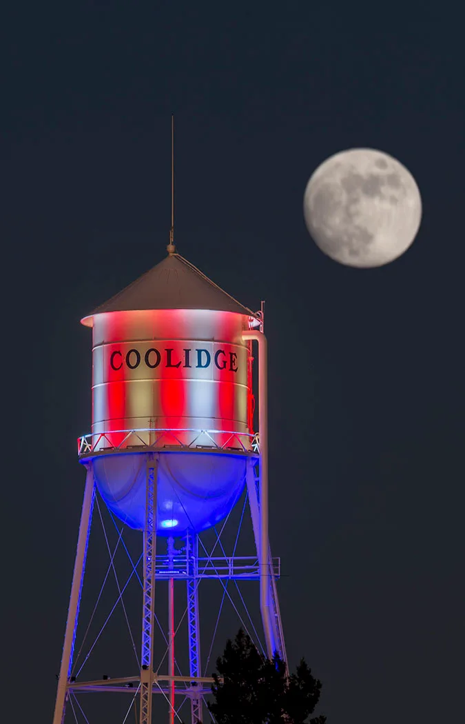 MMN (22) Coolidge Water Tower Coolidge Water Tower, moon, a fine art photograph by Michael Joseph Baca, Casa de Baca Studios, Florence, Arizona