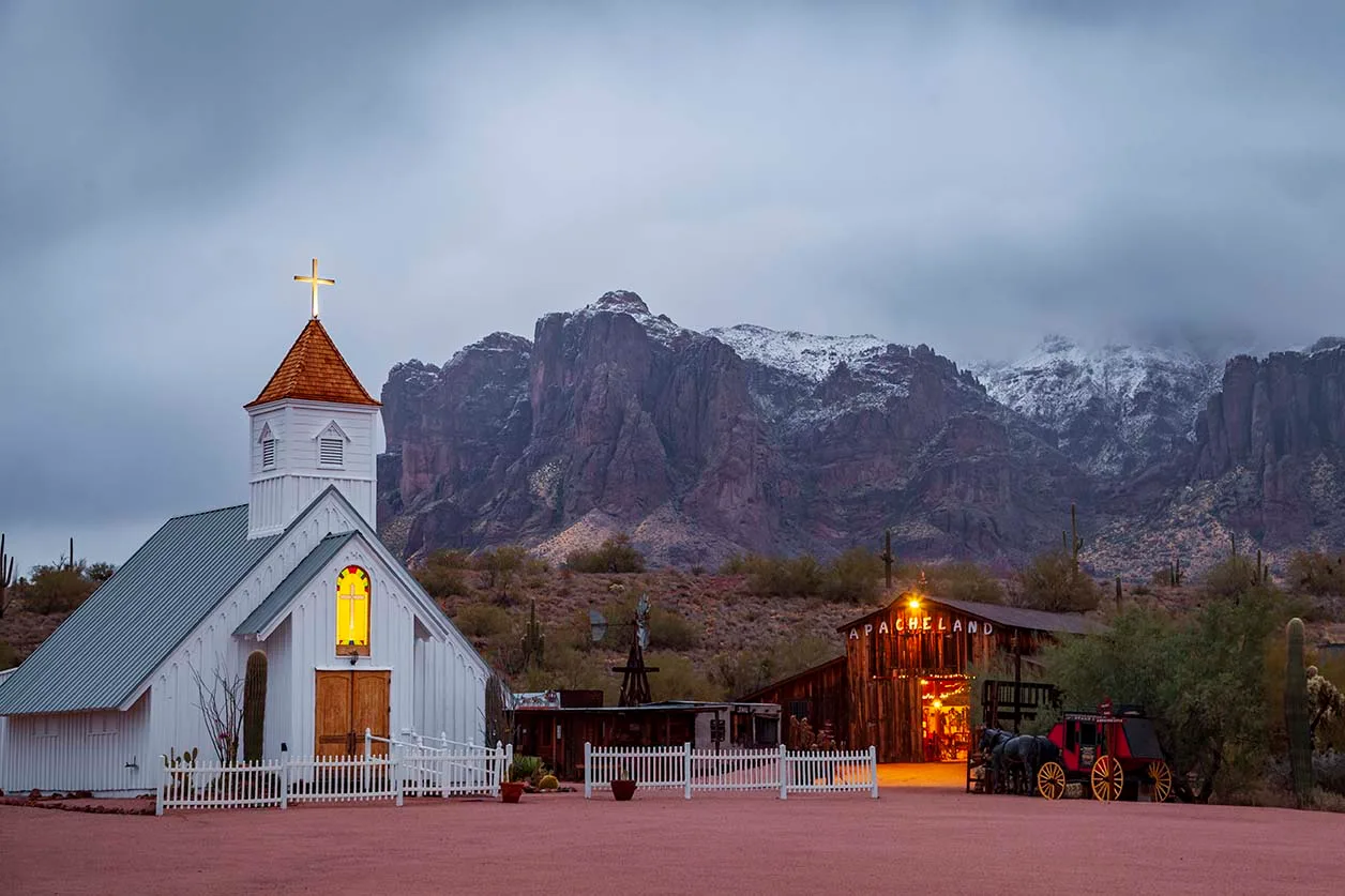 JN004 Elvis Chapel at the Superstition Mountains with Snow Elvis Chapel at the Superstition Mountains with Snow, a fine art photograph by Janell Evelyn Baca