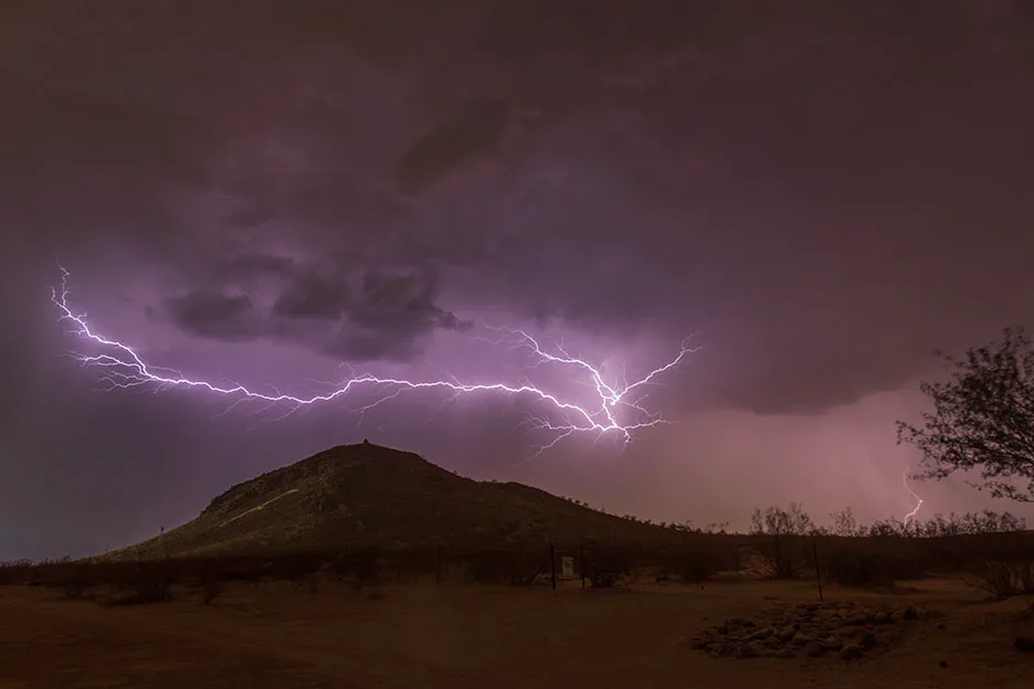 LJ028 F Mountain Lightning Florence AZ F Mountain Lightning Florence AZ, a fine art photograph by Janell Evelyn Baca, Casa de Baca Studios, Florence, Arizona