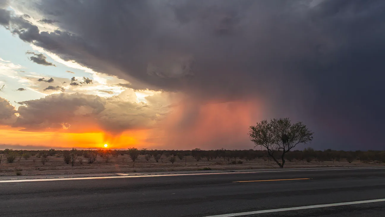 JS045 Monsoon Sunset off Hwy 60 near Peralta Monsoon Sunset off Hwy 60 near Peralta, a fine art photograph by Janell Evelyn Baca, Casa de Baca Studios, Florence, Arizona
