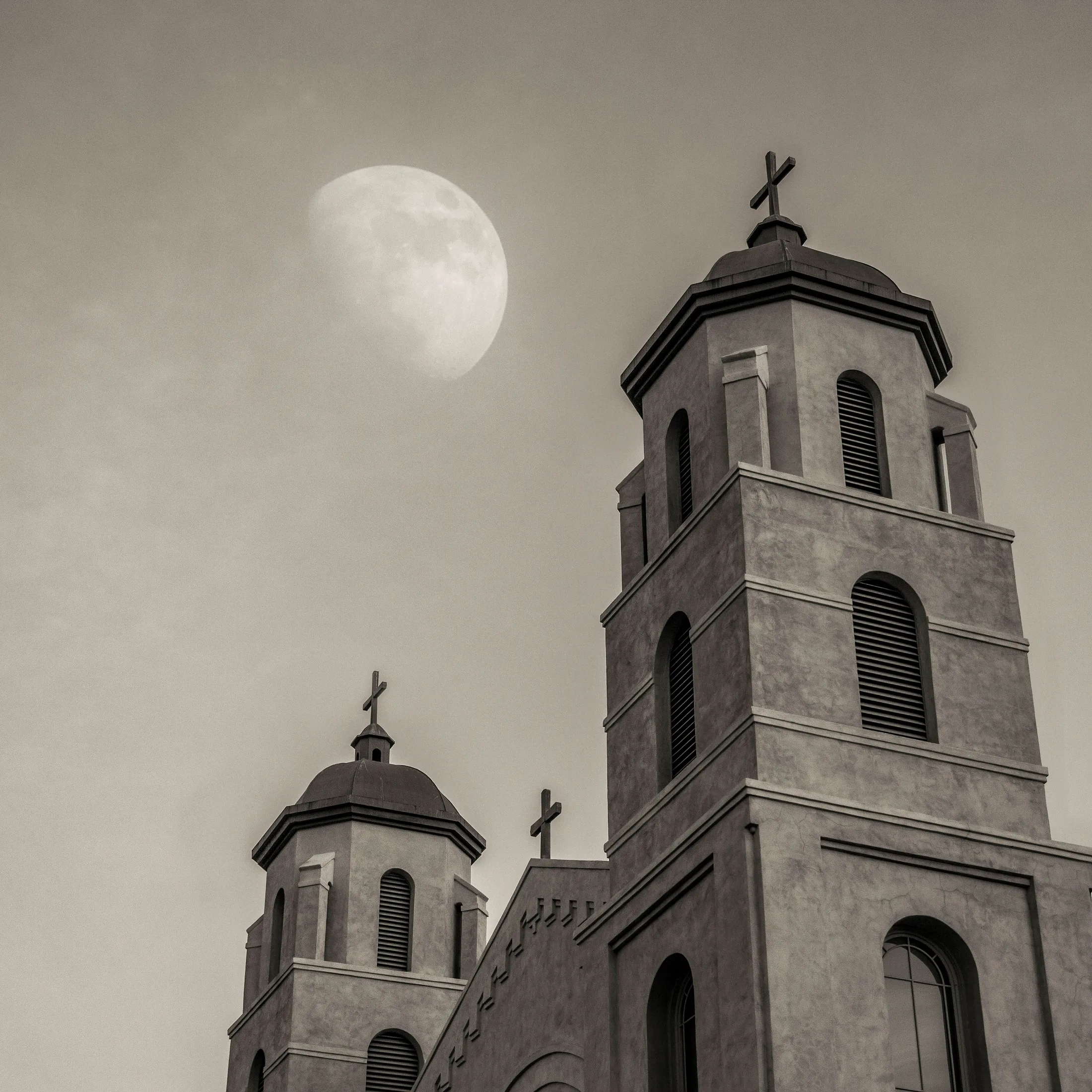MMN (2) moon & architecture St. Mary's Basilica historic Roman Catholic Church downtown Phoenix AZ moon & architecture St. Mary's Basilica historic Roman Catholic Church downtown Phoenix AZ, a fine art photograph