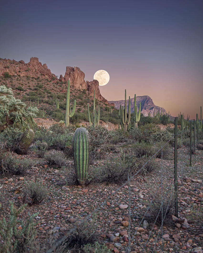 OJ005 Moon & South Butte Florence Moon & South Butte Florence, a fine art photograph by Janell Evelyn Baca, Casa de Baca Studios, Florence, Arizona