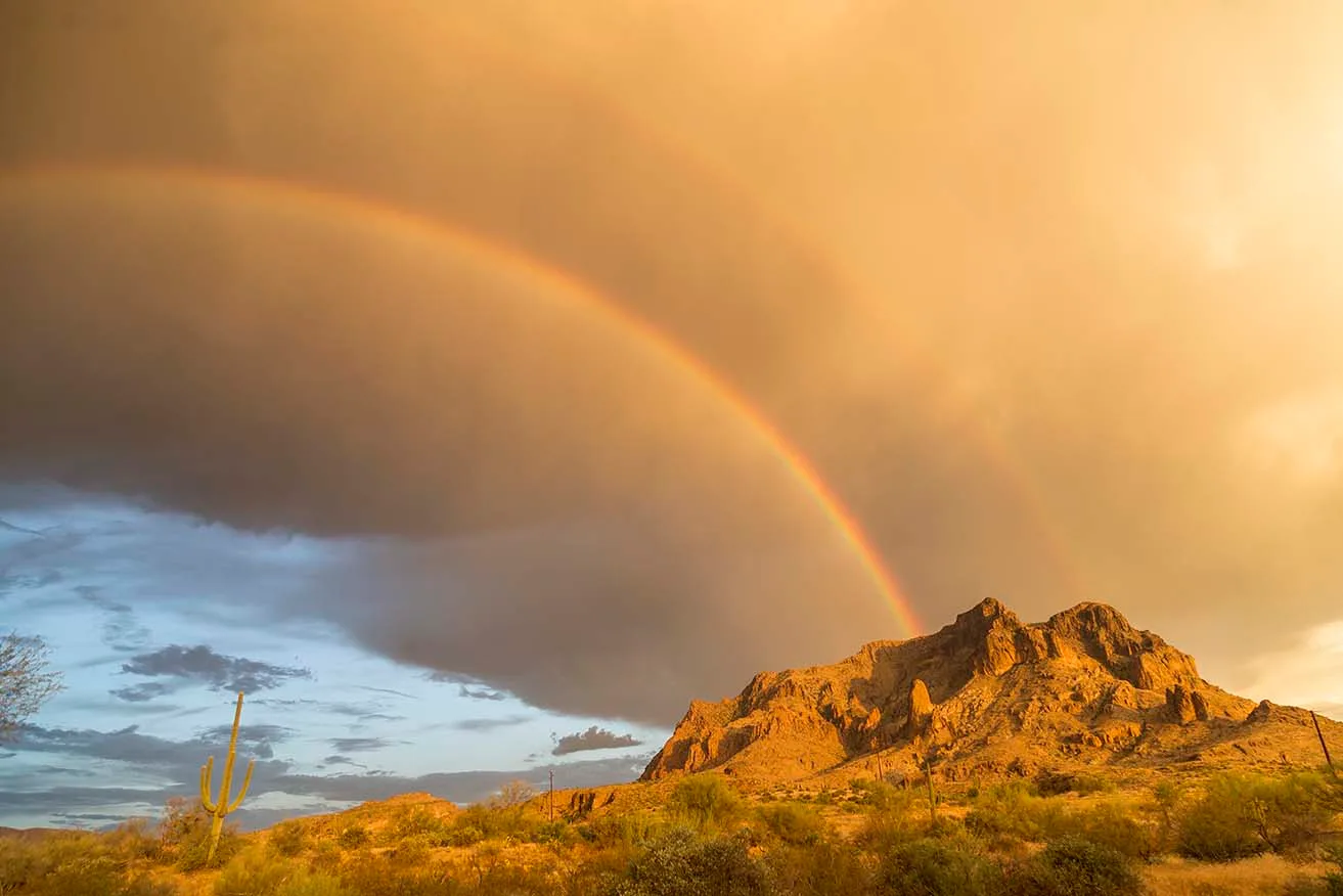 LJ019 Picket Post with Rainbow and saguaro Picket Post with Rainbow and saguaro, lightning, a fine art photograph by Janell Evelyn Baca