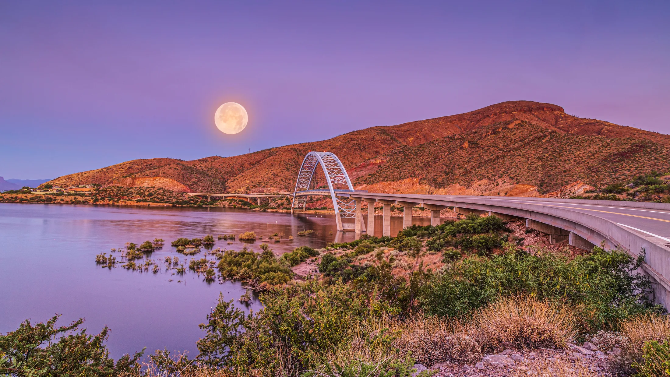 MMN (15) Roosevelt Lake Bridge and Moon Arizona Roosevelt Lake Bridge and Moon Arizona, a fine art photograph by Michael Joseph Baca, Casa de Baca Studios, Florence, Arizona