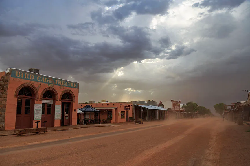 JH002 Stormy Tombstone AZ Stormy Tombstone AZ, architecture, a fine art photograph by Janell Evelyn Baca, Casa de Baca Studios, Florence, Arizona